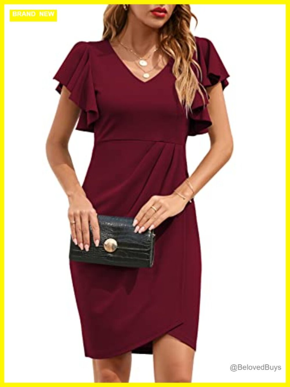 V Neck Ruffle Sleeve Bodycon Sheath Wrap Ruched Cocktail Party Work Dress